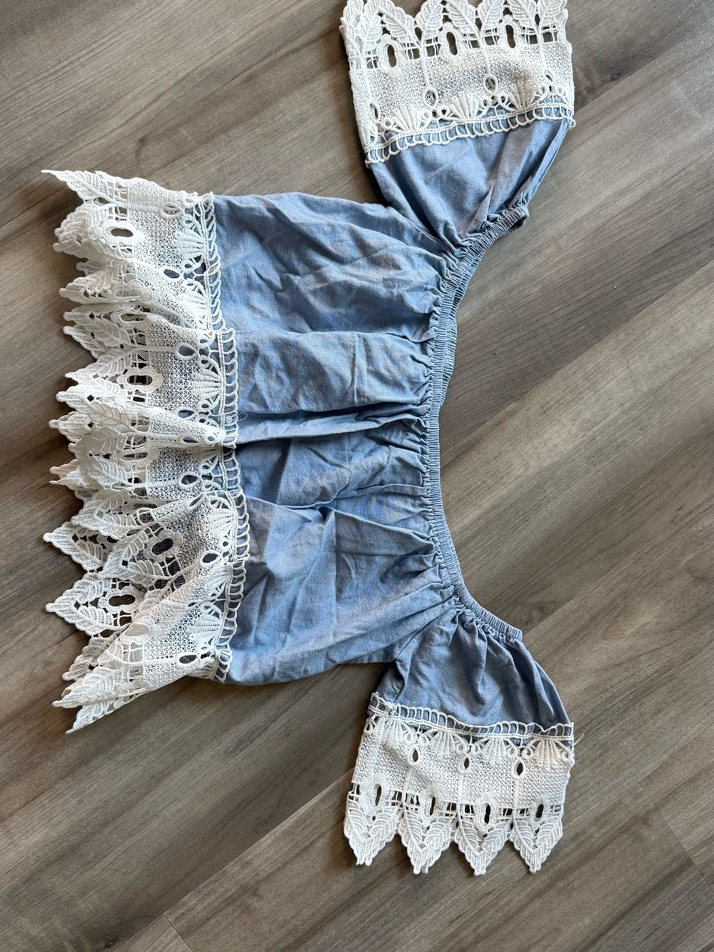 iris Light Blue Off-Shoulder Top with White Crochet